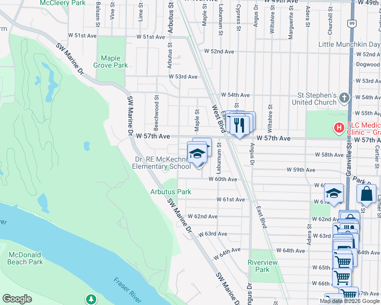 map of restaurants, bars, coffee shops, grocery stores, and more near 2040 West 58th Avenue in Vancouver
