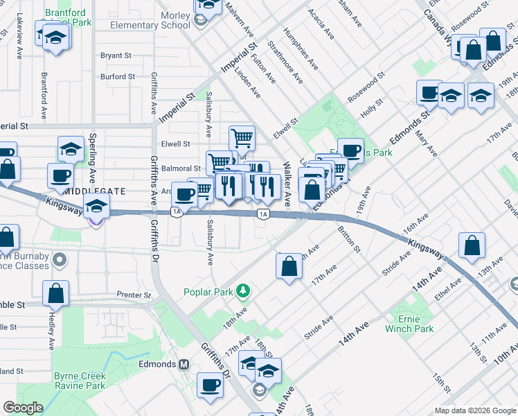 map of restaurants, bars, coffee shops, grocery stores, and more near 7229 Kingsway in Burnaby