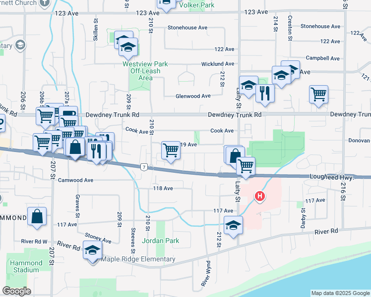 map of restaurants, bars, coffee shops, grocery stores, and more near 21100 119 Avenue in Maple Ridge