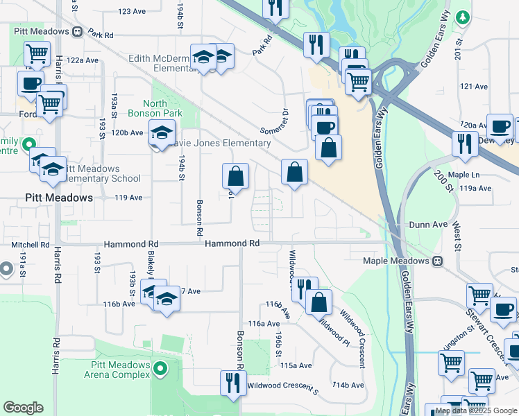 map of restaurants, bars, coffee shops, grocery stores, and more near 19636 Pinetree Lane in Pitt Meadows