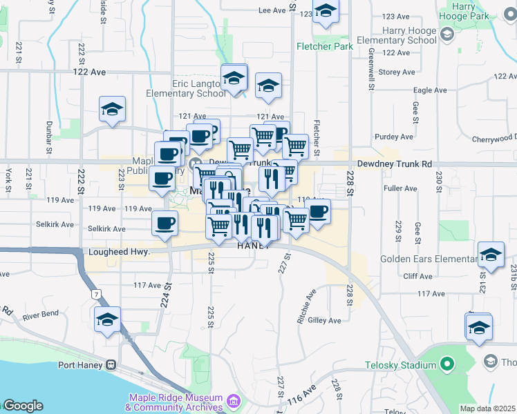 map of restaurants, bars, coffee shops, grocery stores, and more near 11882 226 Street in Maple Ridge
