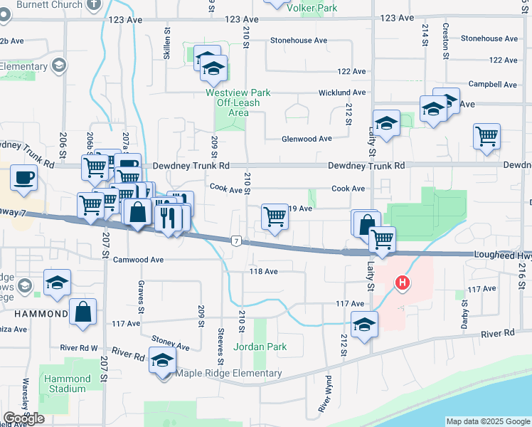 map of restaurants, bars, coffee shops, grocery stores, and more near 21028 119 Avenue in Maple Ridge