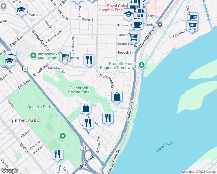 map of restaurants, bars, coffee shops, grocery stores, and more near 74 Miner Street in New Westminster