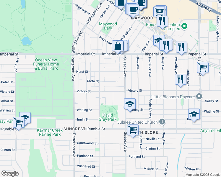 map of restaurants, bars, coffee shops, grocery stores, and more near 4345 Victory Street in Burnaby