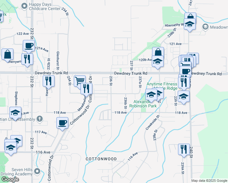 map of restaurants, bars, coffee shops, grocery stores, and more near 23617 119 Avenue in Maple Ridge