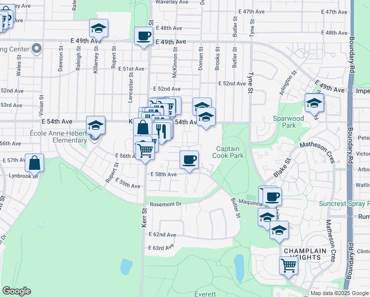 map of restaurants, bars, coffee shops, grocery stores, and more near 7143 Mont Royal Square in Vancouver