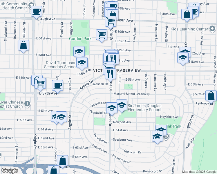 map of restaurants, bars, coffee shops, grocery stores, and more near 7225 Victoria Drive in Vancouver