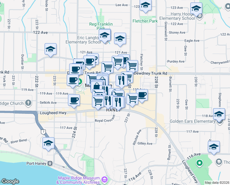 map of restaurants, bars, coffee shops, grocery stores, and more near in Maple Ridge