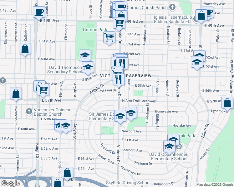 map of restaurants, bars, coffee shops, grocery stores, and more near 7227 Victoria Drive in Vancouver