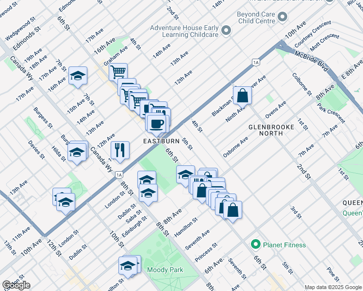 map of restaurants, bars, coffee shops, grocery stores, and more near 922 Fifth Street in New Westminster