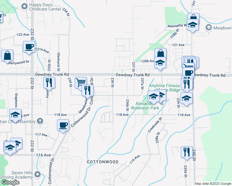 map of restaurants, bars, coffee shops, grocery stores, and more near 23617 119 Avenue in Maple Ridge