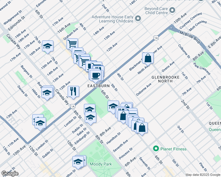map of restaurants, bars, coffee shops, grocery stores, and more near 922 5th Street in New Westminster