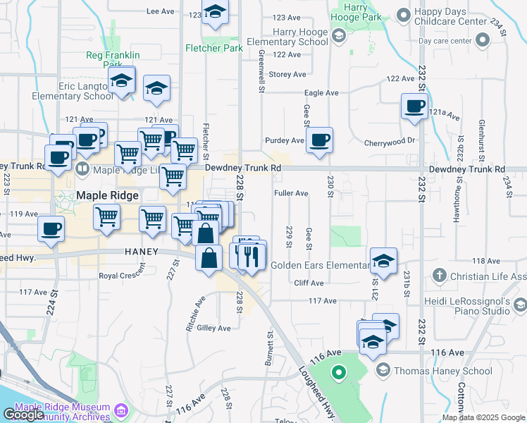 map of restaurants, bars, coffee shops, grocery stores, and more near in Maple Ridge