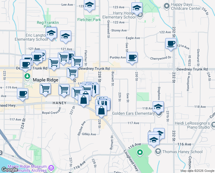 map of restaurants, bars, coffee shops, grocery stores, and more near in Maple Ridge