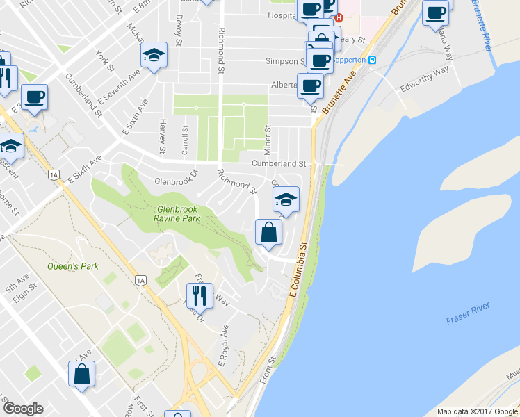 map of restaurants, bars, coffee shops, grocery stores, and more near in New Westminster