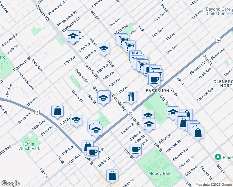 map of restaurants, bars, coffee shops, grocery stores, and more near 7836 Canada Way in Burnaby