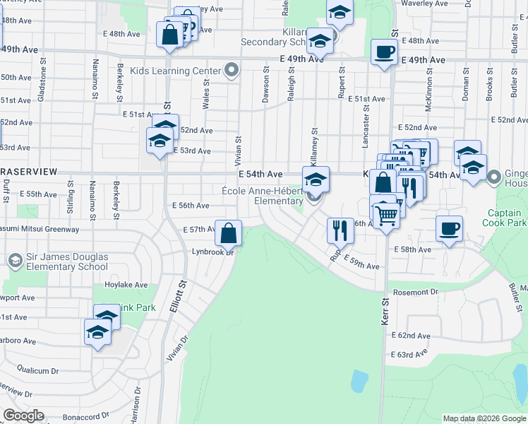 map of restaurants, bars, coffee shops, grocery stores, and more near 2763 Rosemont Drive in Vancouver