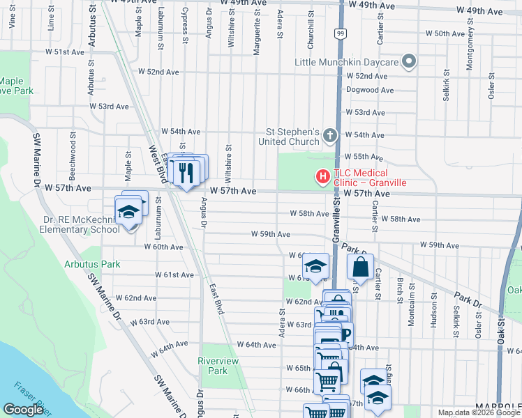 map of restaurants, bars, coffee shops, grocery stores, and more near in Vancouver