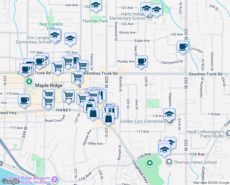 map of restaurants, bars, coffee shops, grocery stores, and more near 11913 Burnett Street in Maple Ridge