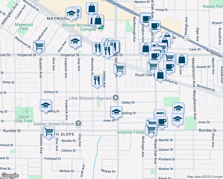 map of restaurants, bars, coffee shops, grocery stores, and more near 4857 Victory Street in Burnaby