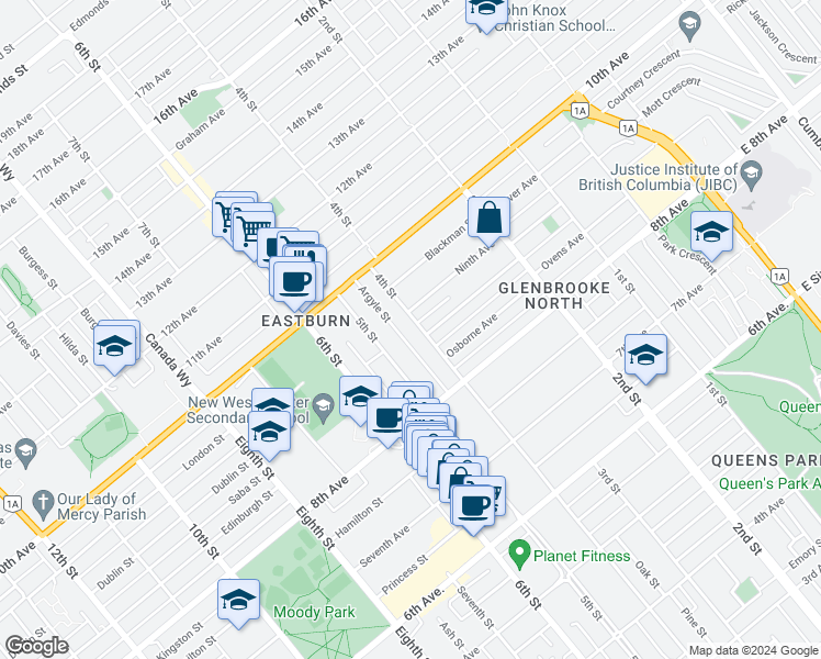 map of restaurants, bars, coffee shops, grocery stores, and more near 834 Fourth Street in New Westminster