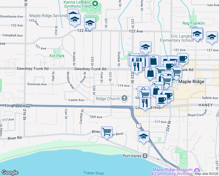 map of restaurants, bars, coffee shops, grocery stores, and more near 11887 221 Street in Maple Ridge