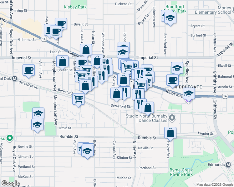 map of restaurants, bars, coffee shops, grocery stores, and more near 7188 Curragh Avenue in Burnaby