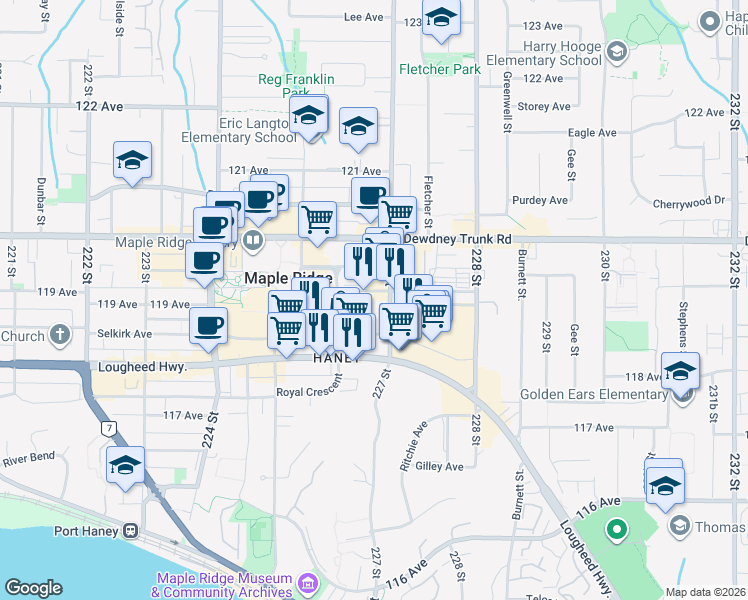 map of restaurants, bars, coffee shops, grocery stores, and more near in Maple Ridge