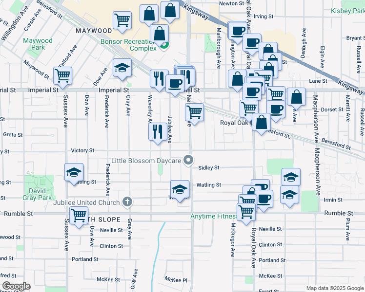 map of restaurants, bars, coffee shops, grocery stores, and more near 4857 Victory Street in Burnaby