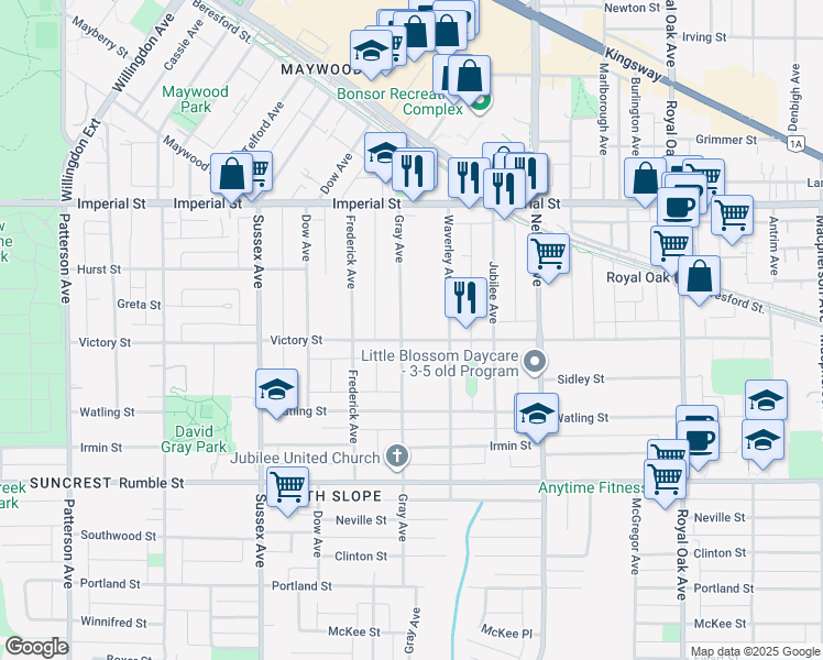 map of restaurants, bars, coffee shops, grocery stores, and more near 7162 Gray Avenue in Burnaby