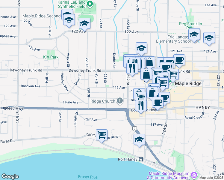 map of restaurants, bars, coffee shops, grocery stores, and more near 22128 119 Avenue in Maple Ridge
