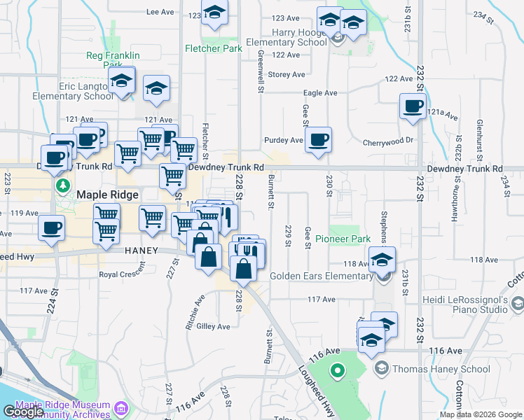 map of restaurants, bars, coffee shops, grocery stores, and more near 11913 Burnett Street in Maple Ridge