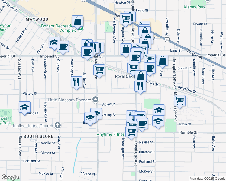 map of restaurants, bars, coffee shops, grocery stores, and more near 5063 Victory Street in Burnaby