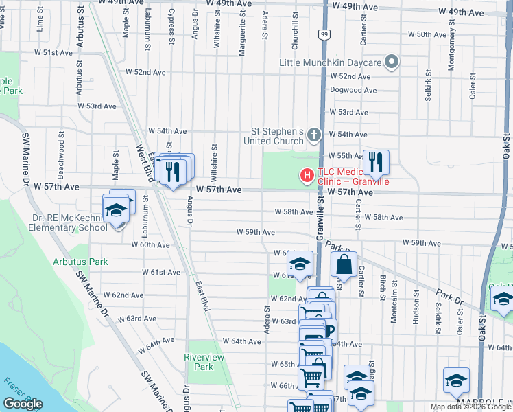 map of restaurants, bars, coffee shops, grocery stores, and more near 1607 West 58th Avenue in Vancouver