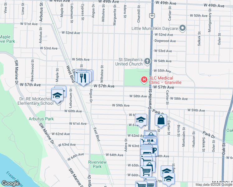 map of restaurants, bars, coffee shops, grocery stores, and more near 1657 East 58th Avenue in Vancouver
