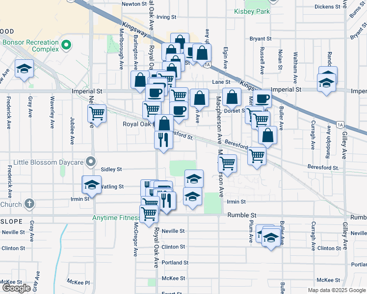 map of restaurants, bars, coffee shops, grocery stores, and more near 5375 Victory Street in Burnaby