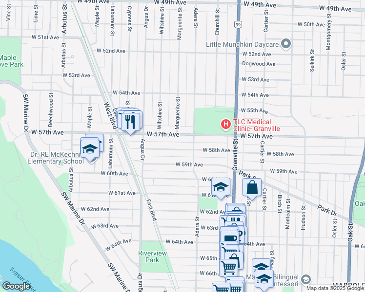map of restaurants, bars, coffee shops, grocery stores, and more near 1657 West 58th Avenue in Vancouver