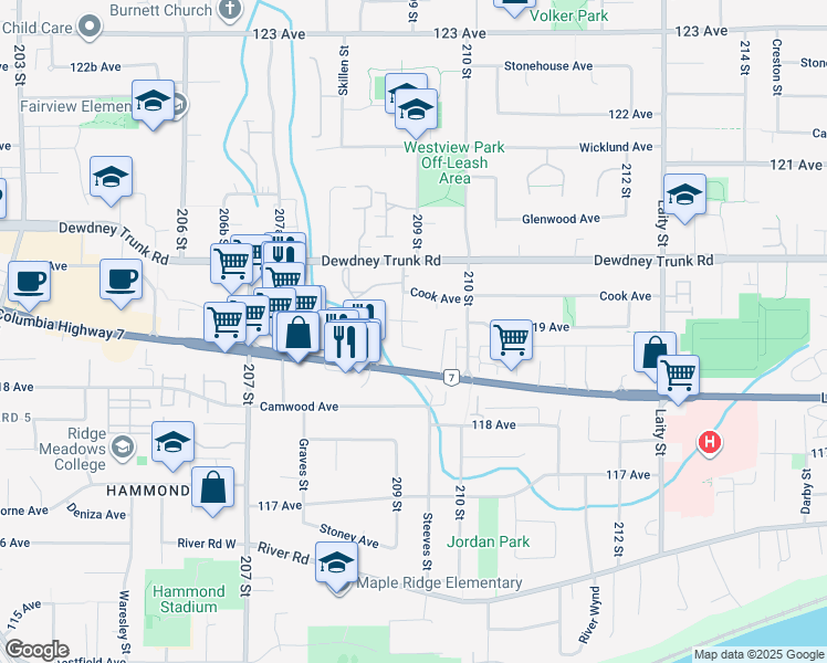 map of restaurants, bars, coffee shops, grocery stores, and more near 20924 Hunter Place in Maple Ridge