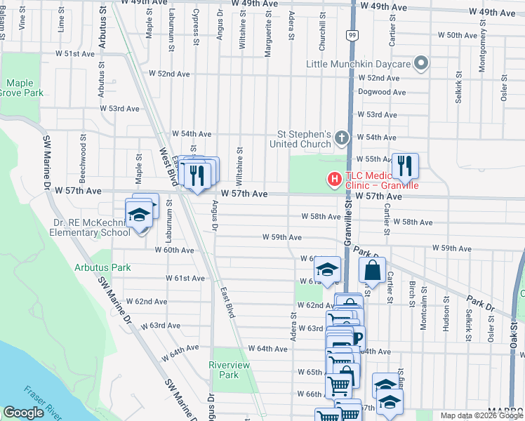 map of restaurants, bars, coffee shops, grocery stores, and more near 1705 West 58th Avenue in Vancouver