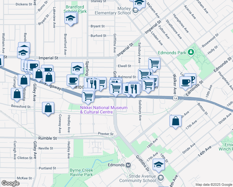 map of restaurants, bars, coffee shops, grocery stores, and more near 6907 Kingsway in Burnaby