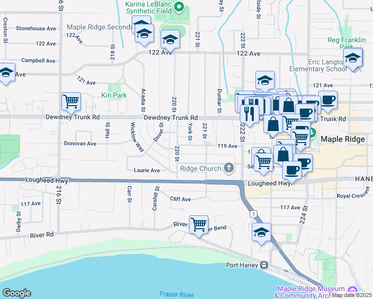 map of restaurants, bars, coffee shops, grocery stores, and more near 22032 119 Avenue in Maple Ridge