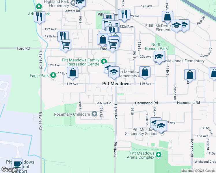 map of restaurants, bars, coffee shops, grocery stores, and more near 19160 119 Avenue in Pitt Meadows