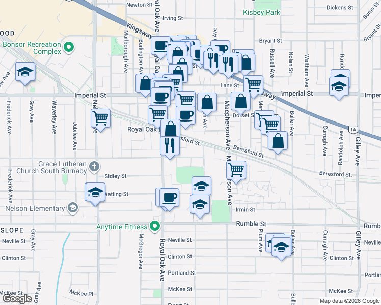 map of restaurants, bars, coffee shops, grocery stores, and more near 5375 Victory Street in Burnaby