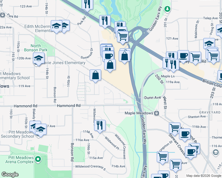 map of restaurants, bars, coffee shops, grocery stores, and more near 11888 Springdale Drive in Pitt Meadows
