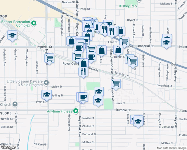 map of restaurants, bars, coffee shops, grocery stores, and more near 5375 Victory Street in Burnaby