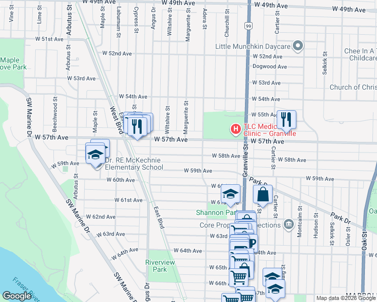 map of restaurants, bars, coffee shops, grocery stores, and more near 1675 West 58th Avenue in Vancouver