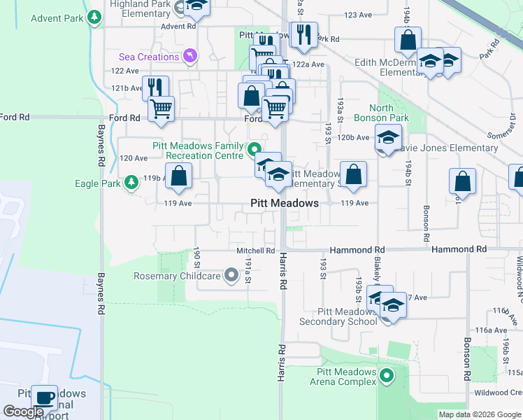 map of restaurants, bars, coffee shops, grocery stores, and more near 19160 119 Avenue in Pitt Meadows