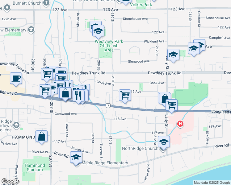 map of restaurants, bars, coffee shops, grocery stores, and more near 21010 119 Avenue in Maple Ridge