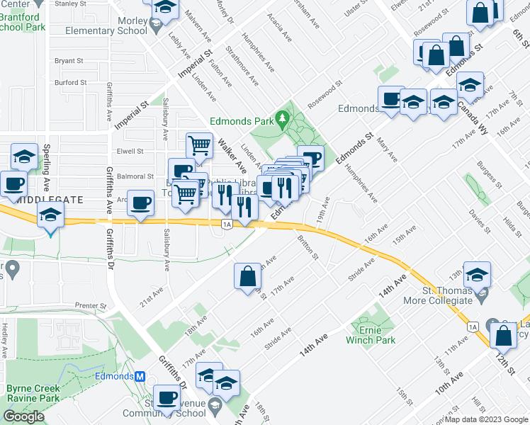 map of restaurants, bars, coffee shops, grocery stores, and more near in Burnaby