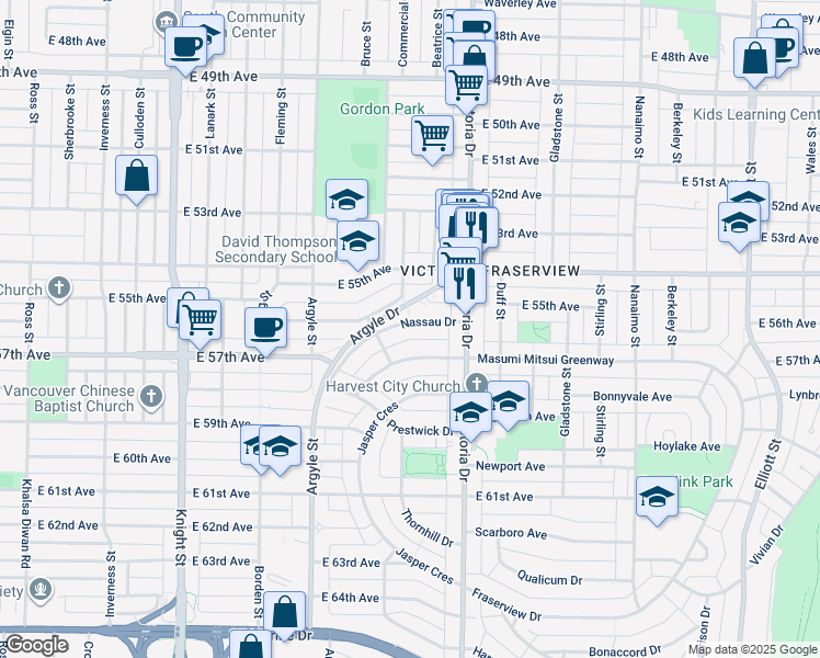 map of restaurants, bars, coffee shops, grocery stores, and more near 1882 Nassau Drive in Vancouver